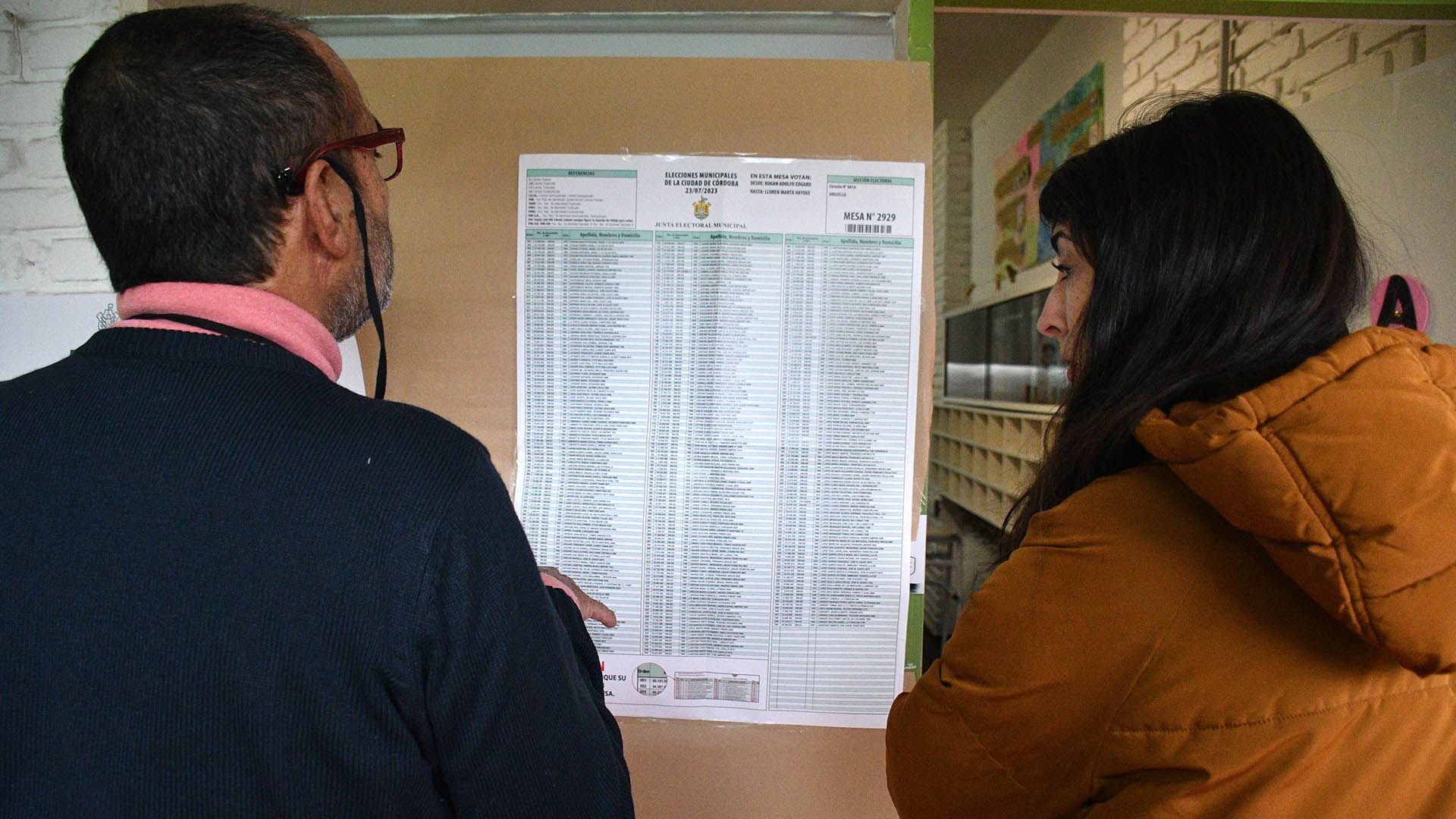 Un listado en una escuela de la ciudad de Córdoba, donde el ausentismo electoral llegó al 40% (Laura Lescano)