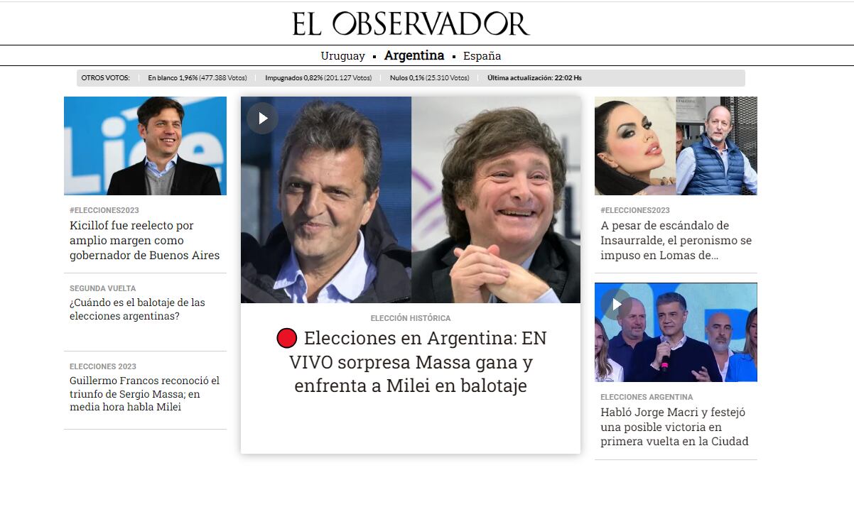 El Observador de Uruguay destacó los resultados de la primera vuelta de las elecciones en Argentina.