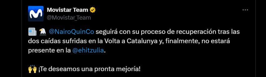 Movistar anunció la baja de Nairo Quintana para la Vuelta al País Vasco - crédito Movistar Team