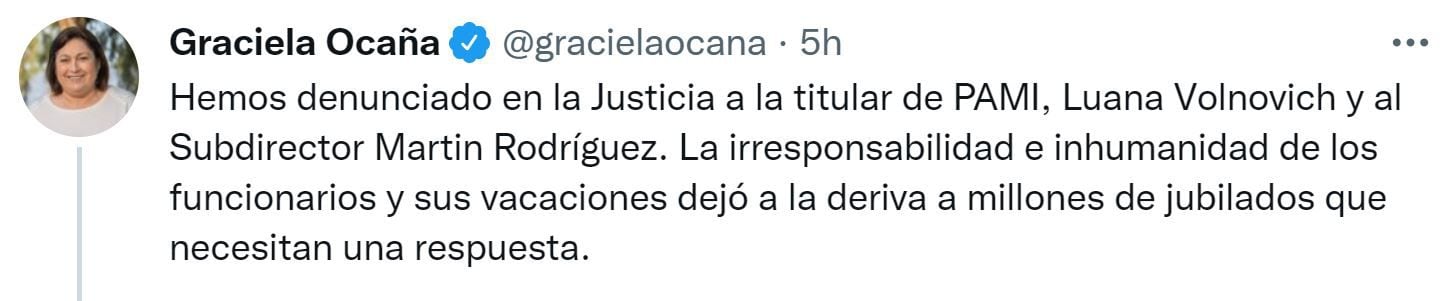 La propia Graciela Ocaña confirmó la denuncia contra Luana Volnovich 