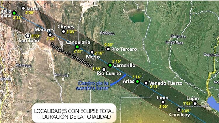 La franja de totalidad atravesará varias ciudades argentinas