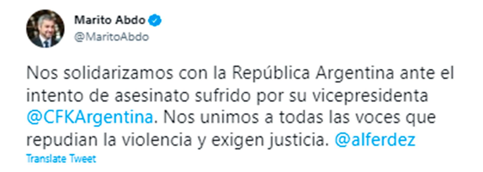 El texto que publicó Mario Abdo en Twitter