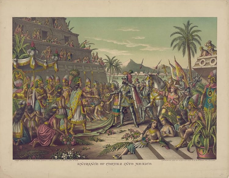 El encuentro entre Hernán Cortés y Moctezuma (Foto: Wiki Commons)