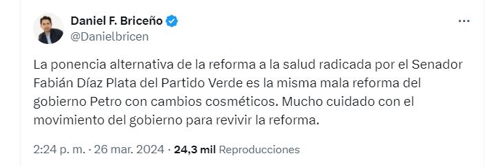 Daniel Briceño se fue en contra del senador Fabián Díaz por la radicación de una ponencia alternativa sobre la reforma a la salud - crédito @DanielBricen/X