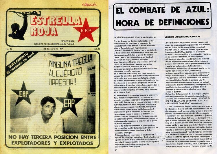 Estrella Roja, el órgano de difusión del ERP. En la foto, el coronel Ibarzábal, secuestrado en una “cárcel del pueblo”. Fue asesinado 10 meses después