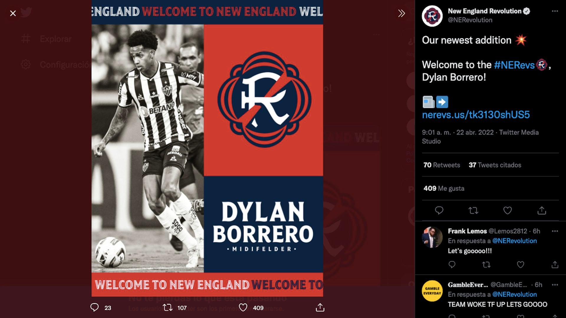 Dylan Borrero es presentado como nuevo fichaje de New England Revolution en Estados Unidos / (Twitter: @NERevolution)