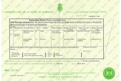 El certificado de casamiento de los duques de Sussex que publicó el diario The Sun