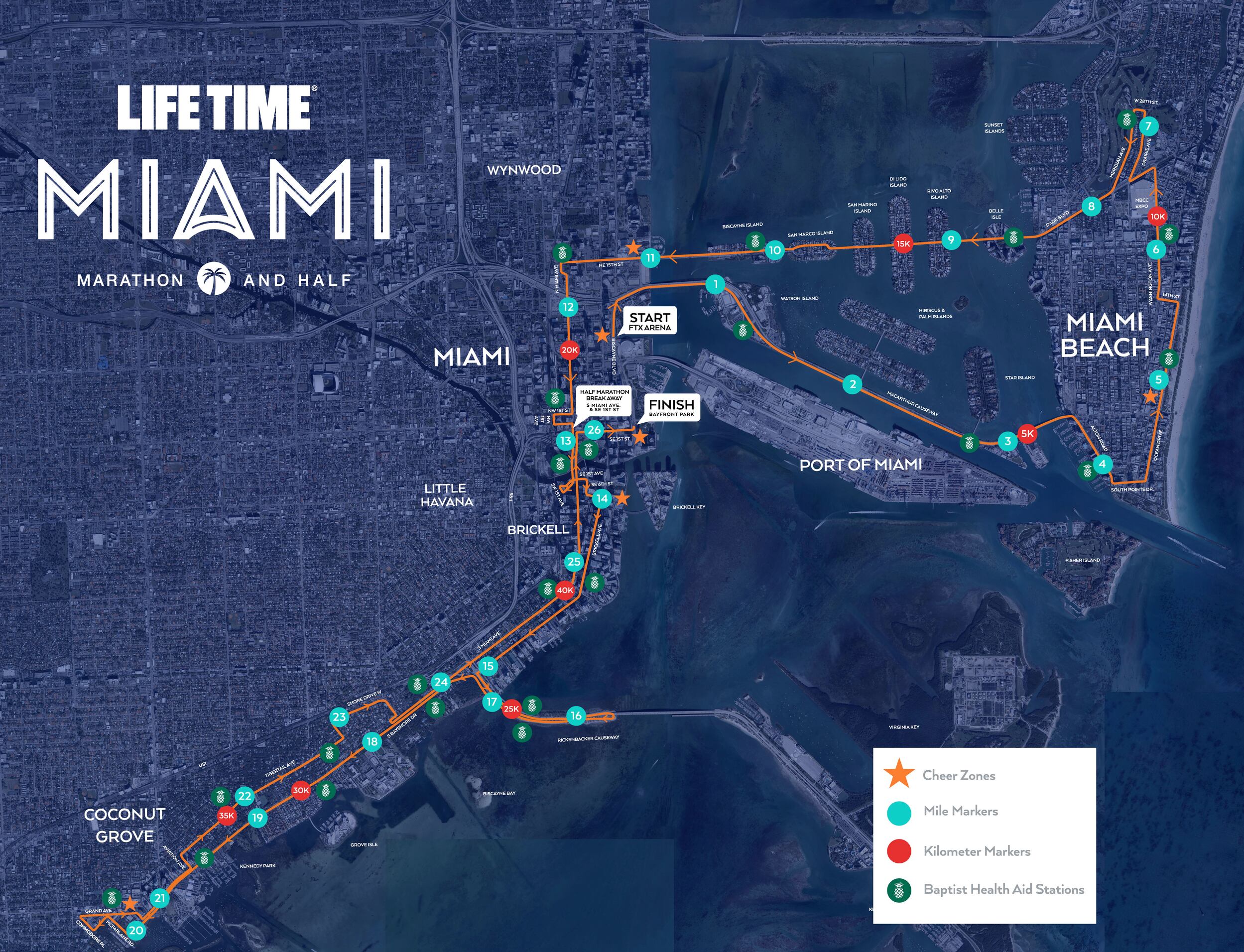 Plano del recorrido de Miami Marathon and Half Marathon 2023