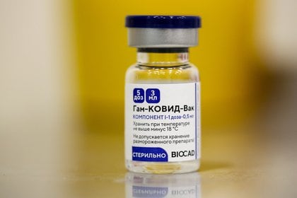 A vial of the Sputnik V vaccine, manufactured by Biocad JSC, inside a Covid-19 vaccination center inside the Afimall City shopping center in Moscow, Russia, on Wednesday, Jan. 20, 2020. Russia expects to start Covid-19 vaccinations for as much as 14% of the population in the first quarter after President Vladimir Putin last week told authorities to provide universal access to the inoculations. Photographer: Andrey Rudakov/Bloomberg