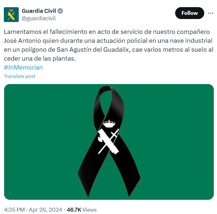 Tuit de la Guardia Civil anunciando el fallecimiento del agente José Antonio