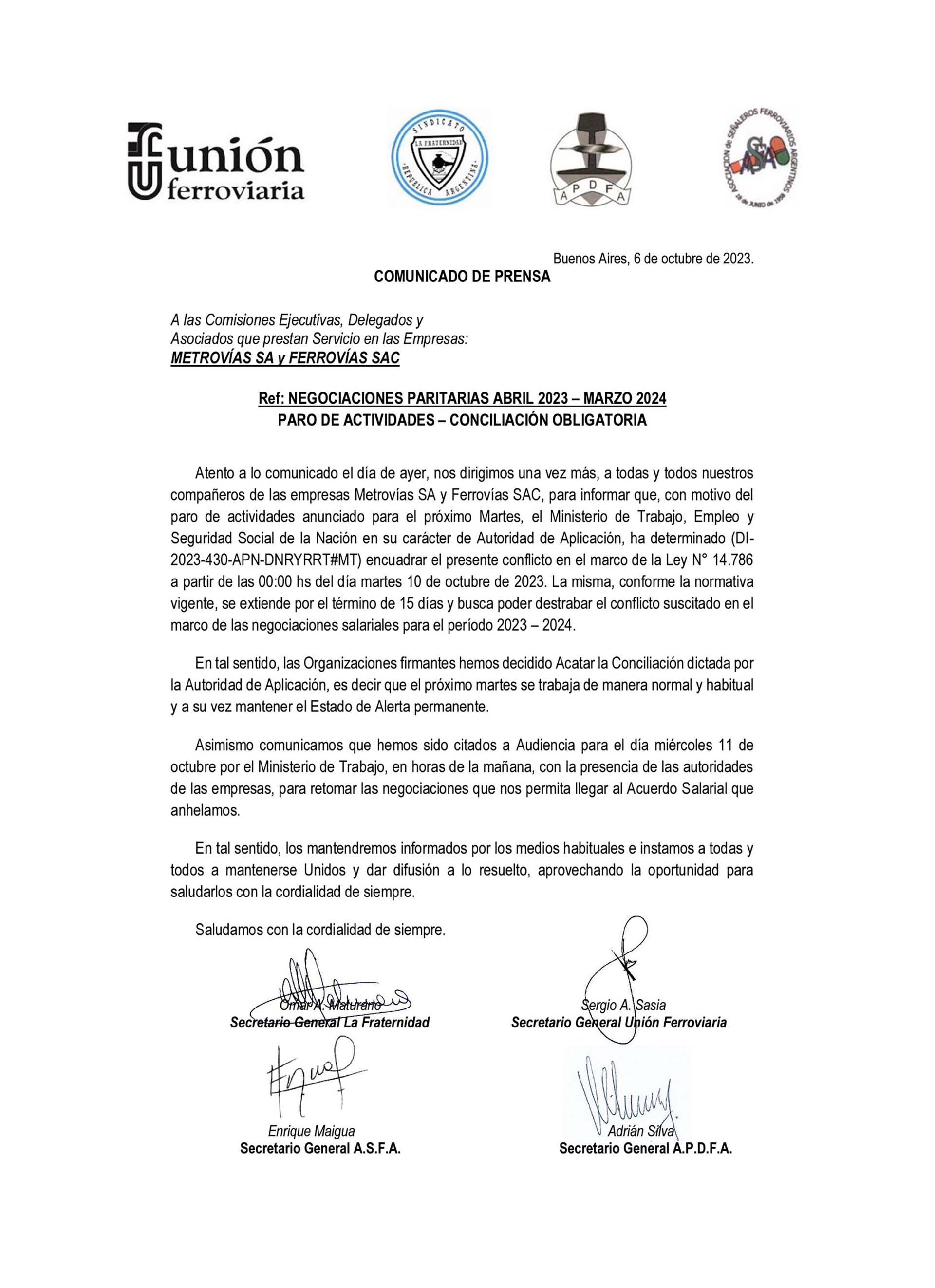 Comunicado de la Unión Ferroviaria. 