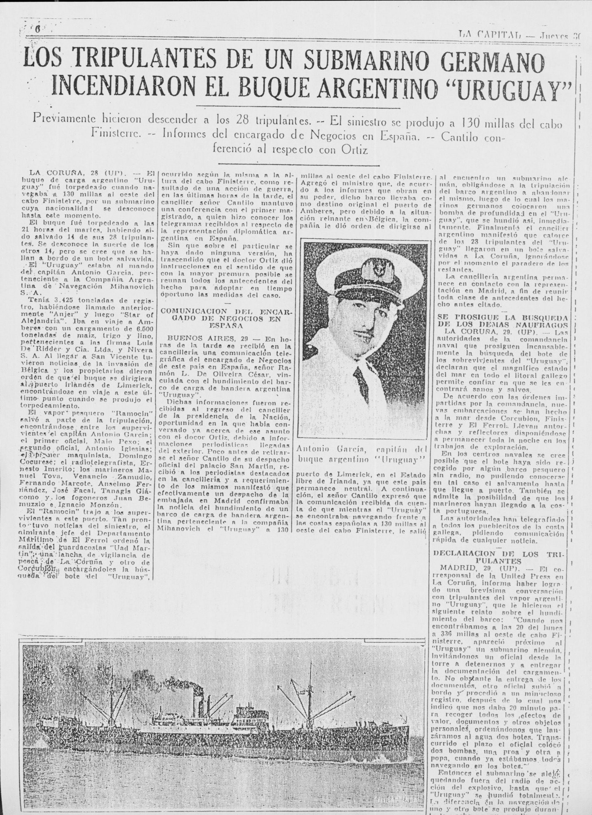La nota del diario La Capital del 30 de mayo de 1940 informando sobre lo sucedido al vapor Uruguay. Se ve el mapa con la ubicación del ataque y la fotografía del capitán Antonio García