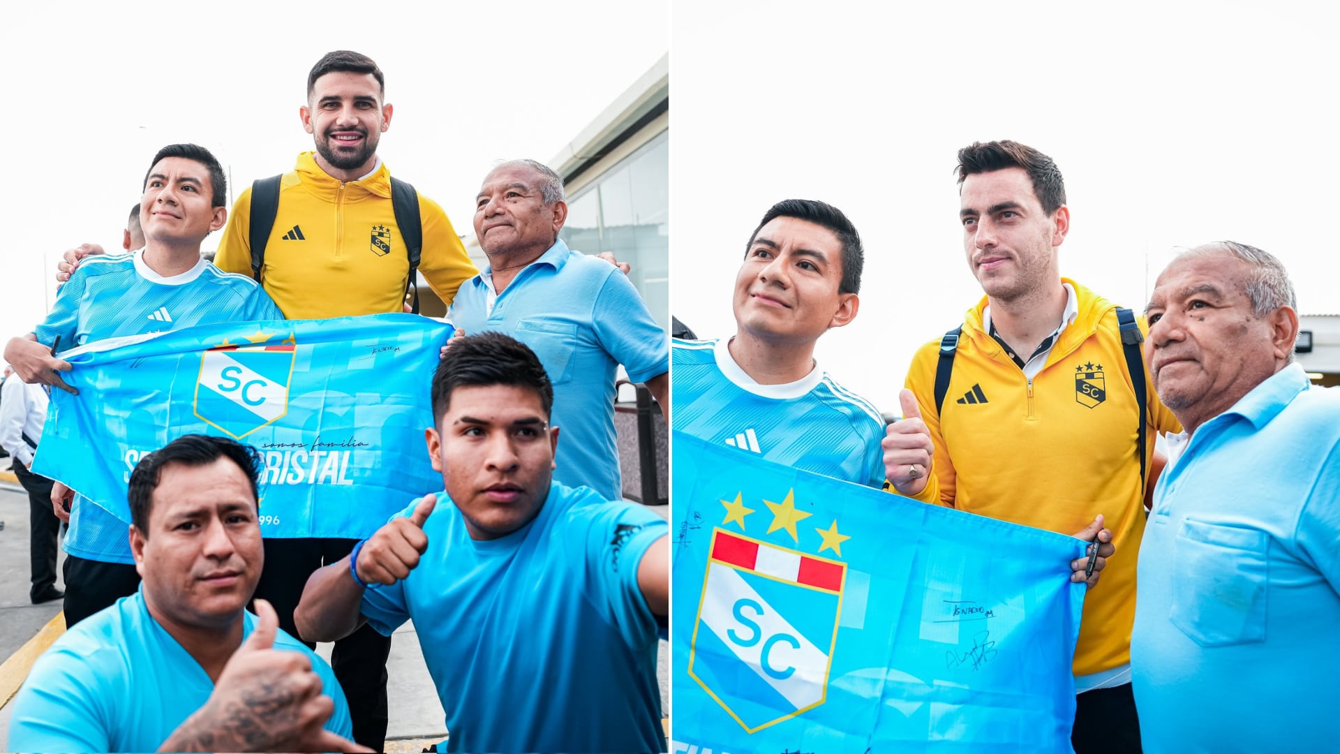 Ignácio da Silva y Alejandro Duarte se fotografiaron con los hinchas de Sporting Cristal en su llegada a Trujillo. - créditos: Sporting Cristal