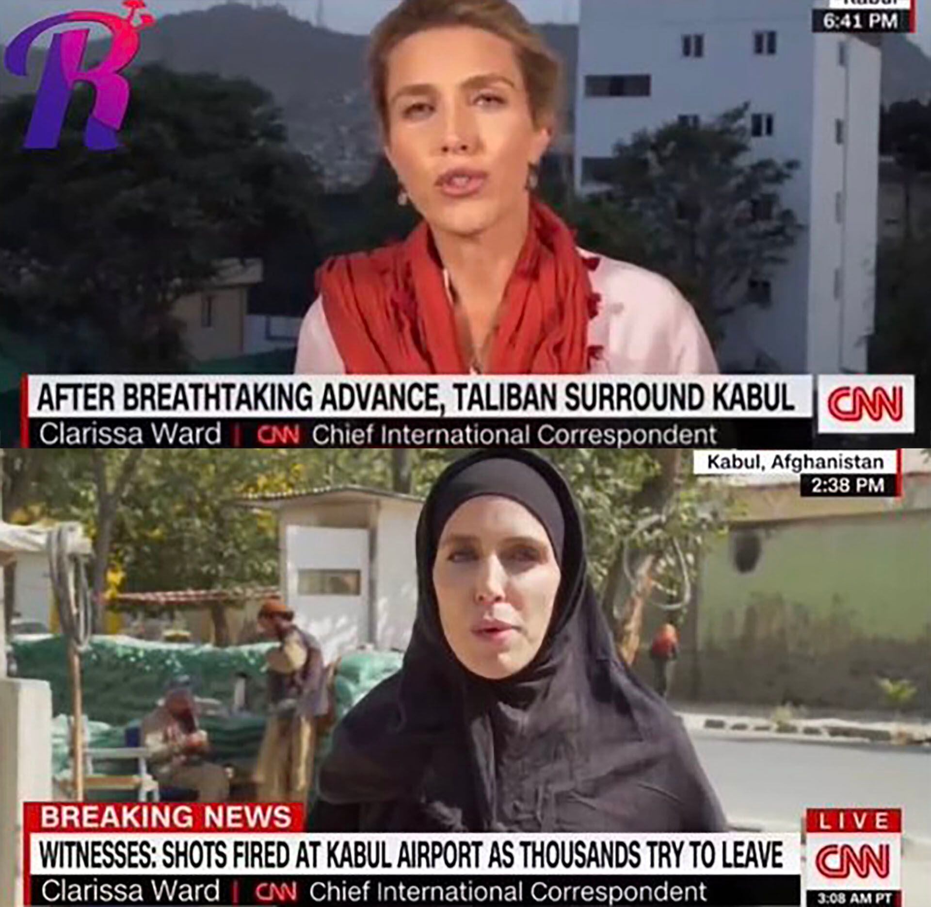 En la primera foto, trabajando desde el estudio de CNN el ultimo día antes de que los talibanes tomaran Kabul con la cara y el pelo descubierto, y en la segunda foto, el día en que la organización se hace con el poder, se la ve desde la calle con el pelo y el cuello cubiertos en su totalidad
