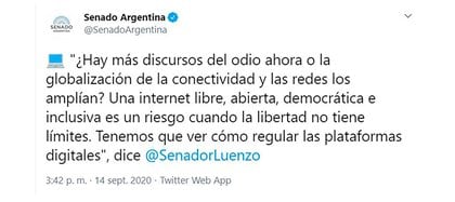 El tuit de la cuenta oficial del Senado que minutos después fue eliminado