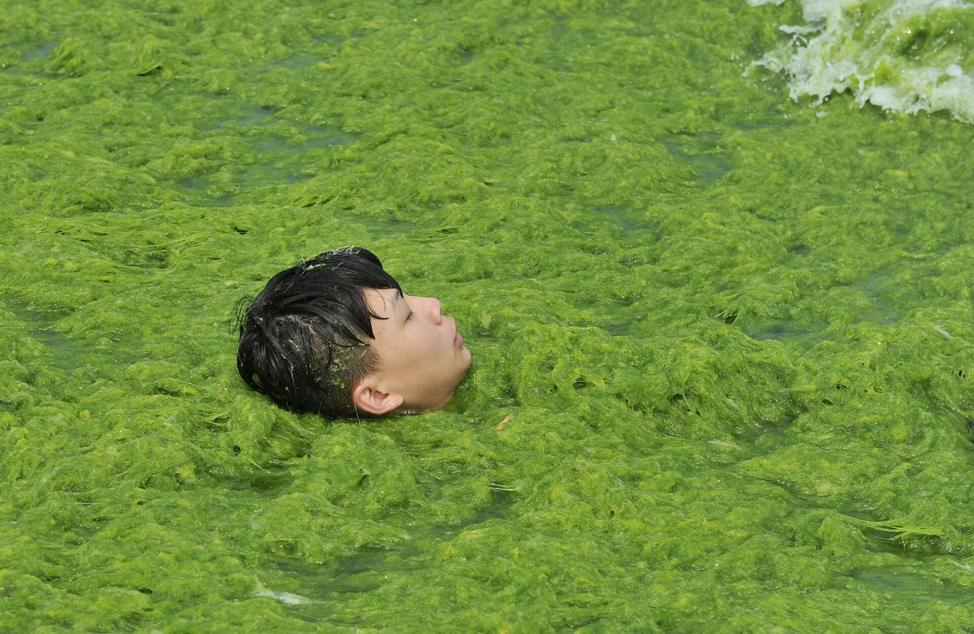 Un niño nada en una playa cubierta de algas en Qingdao, provincia de Shandong, China (Reuters)