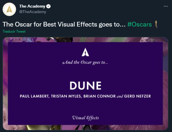 Dune won the Oscar for Best Visual Effects Photo: Twitter/ @TheAcademy