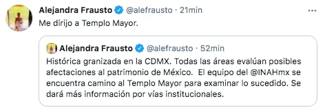 La titular de la Secretaría de Cultura, Alejandra Frausto, dio a conocer que todas las áreas del museo evalúan posible afectaciones al “patrimonio de México” (Foto: captura de pantalla / Twitter@alefrausto)