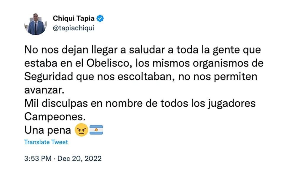 Chiqui Tapia: "Los organismos de Seguridad no nos dejan llegar a saludar a toda la gente que estaba en el Obelisco"