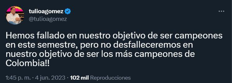 En su cuenta de Twitter, Tulio Gómez expresó su decepción por no lograr el título para el América de Cali en este semestre (@tulioagomez/Twitter)