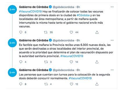 El tweet del gobierno de Córdoba publicado ayer lunes en su cuenta oficial.