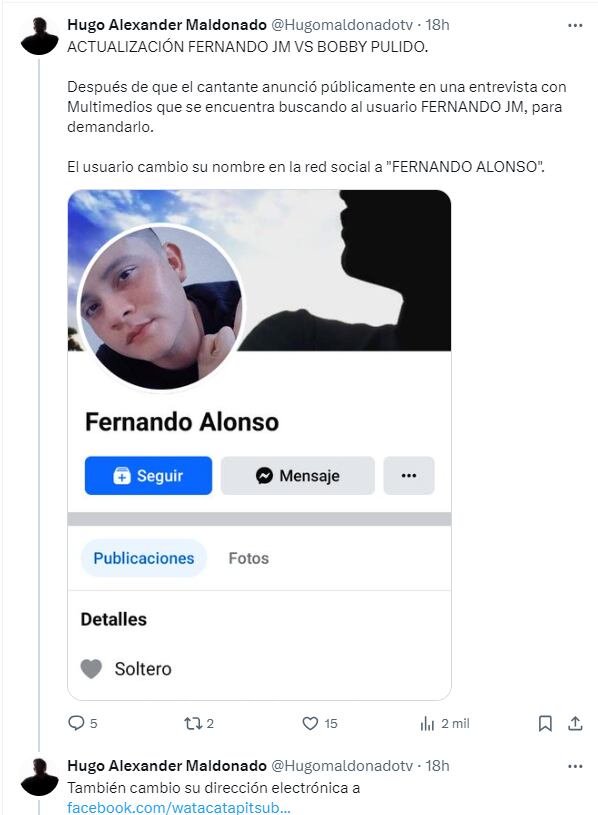 El periodista Hugo Alexander Maldonado, consignó la historia y recientemente dio a conocer que el usuario que divulgó el rumor, cambió su nombre en Facebook.