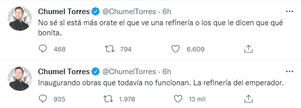 Ante sus publicaciones las reacciones de los internautas no se hicieron esperar (Foto: Twitter/@ChumelTorres)