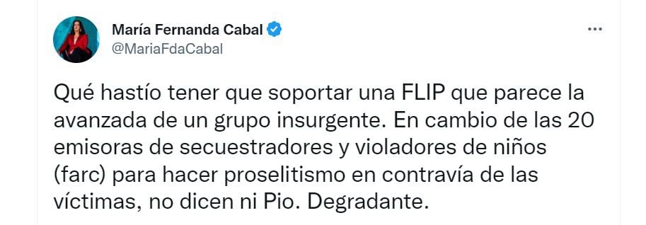 María Fernanda Cabal cuestionó a la FLIP por cuestionar a las emisoras del Ejército y dejó varios reparos. Fotos: redes sociales.