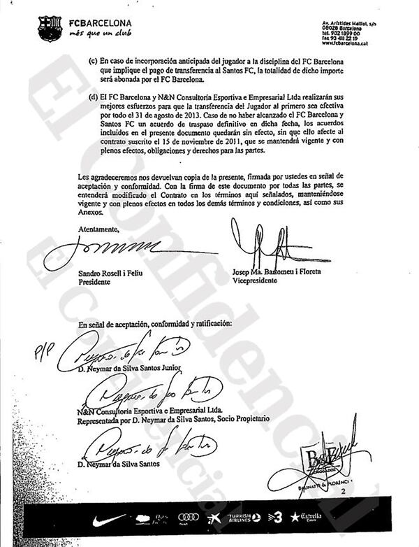 Las firmas de los dirigentes del Barcelona, Neymar y su padre (El Confidencial)