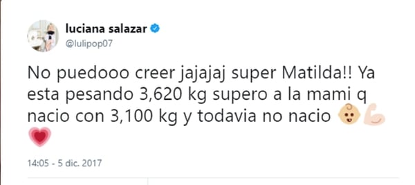 Tuit de Luciana Salazar, mientras espera la llegada de su hija Matilda