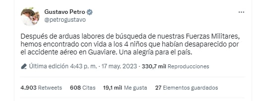 El presidente de la República confirmó el rescate de los cuatro menores que sobrevivieron al accidente en Guaviare.
Twitter (@petrogustavo)