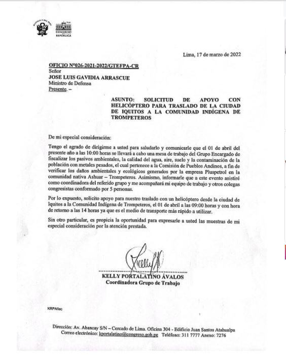 كيلي بورتالاتينو تطلب طائرة هليكوبتر للسفر إلى إكيتوس