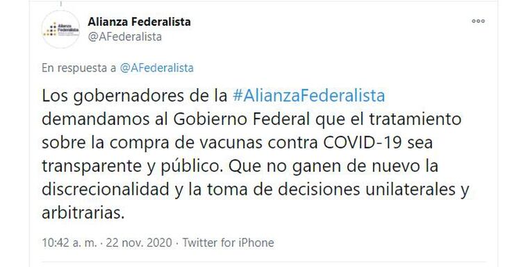 La Alianza Federalista pidió transparentar procesos de adquisición de la vacuna contra el COVID-19 (Foto: Twitter / @AFederalista)
