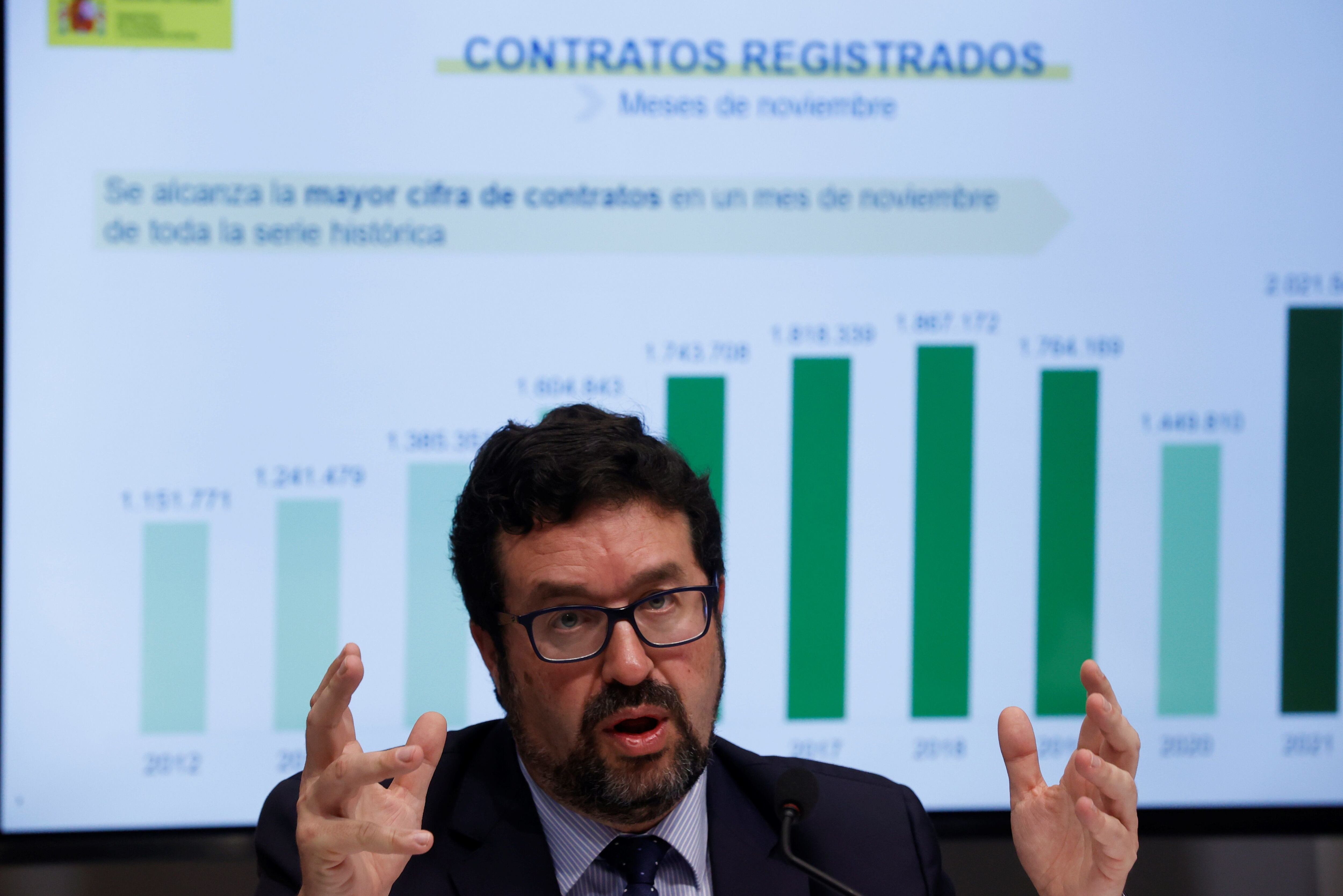 El secretario de Estado de Empleo y Economía Social, Joaquín Pérez Rey, presenta los datos de paro y afiliación correspondientes al mes de noviembre en Madrid, este jueves. EFE/ Juan Carlos Hidalgo
