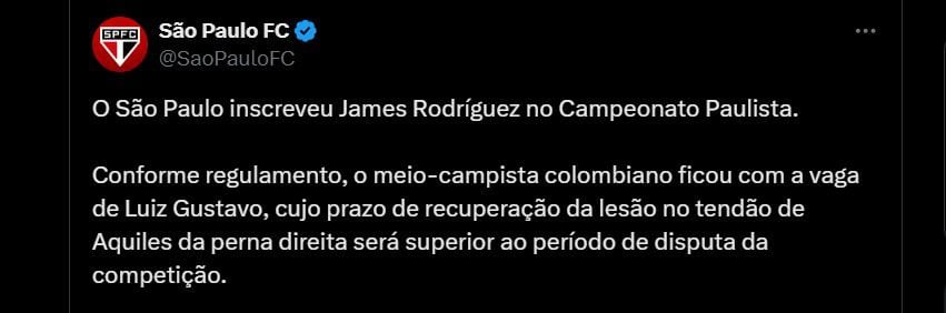 Este fue el anuncio sobre el regreso de James Rodríguez al São Paulo para un certamen oficial - crédito São Paulo FC
