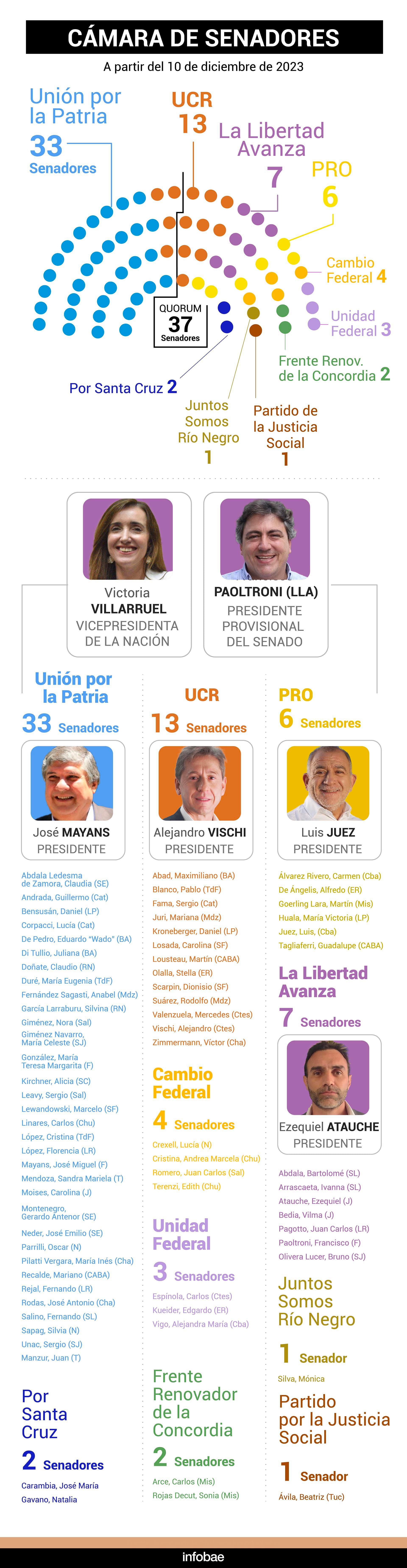 Composición de la Cámara de Senadores desde el 10 de dicembre de 2023 