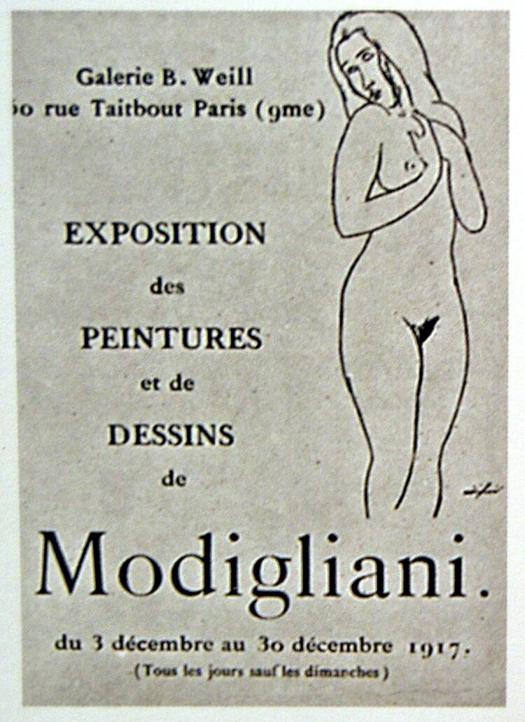 Anuncio de la primera y escandalosa exposición de Modigliani en Berthe Weill