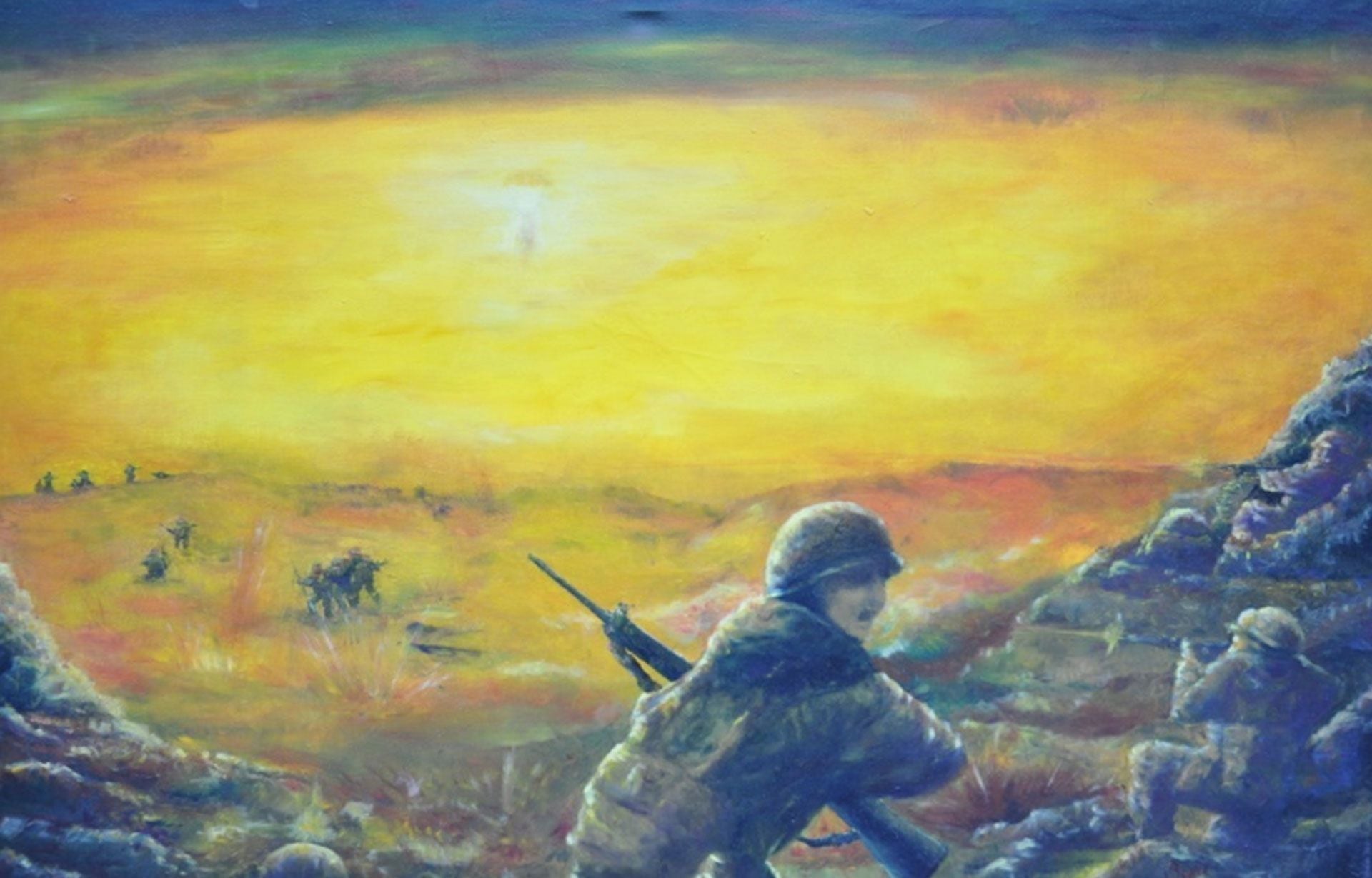 Un óleo que representa a la batalla del Monte Harriet, de la pintora argentina Sonia Ruibal. Allí combatieron los hombres de Jiménez Corbalán la noche del 11 de junio de 1982