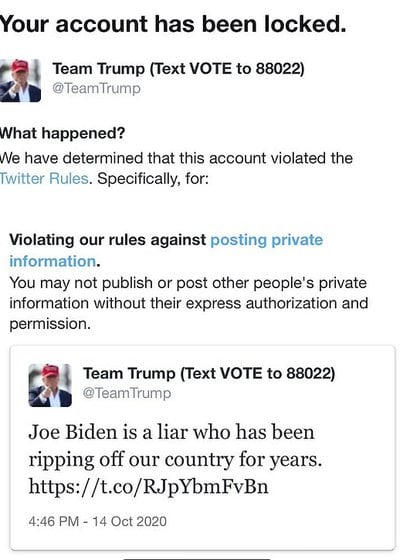 Hubo cuentas bloqueadas por denunciar la censura al enlace hacia el New York Post y el e-mail potencialmente incriminatorio para el candidato demócrata a la presidencia de EEUU.