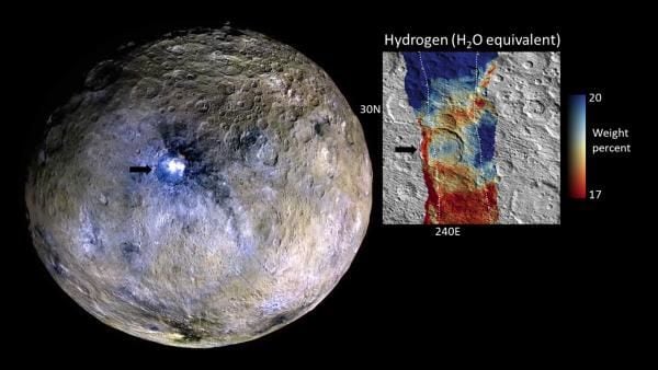 16-08-2021 El estudio se centró en el cráter Occator (izquierda), que contiene los puntos brillantes más prominentes de Ceres.POLITICA INVESTIGACIÓN Y TECNOLOGÍANASA/JPL-CALTECH/UCLA/MPS/DLR/IDA