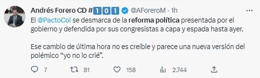 Tuit de Andrés Forero sobre la reforma laboral