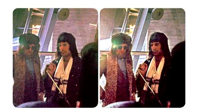 Freddie Mercury con Roger Taylor, baterista de Queen, en el aeropuerto Charles de Gaulle, durante una gira por Francia en 1975 (BM)
