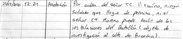 Orden de restricción de salida del batallón al capitán Ronal Moreno suministrada por la familia a la revista Semana.