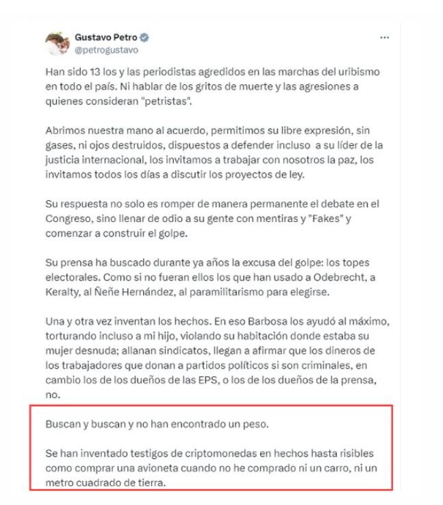 El presidente Gustavo Petro rechazó las acusaciones que lo vinculan con el presunto financiamiento ilegal durante su campaña electoral de 2022 - crédito @petrogustavo/X
