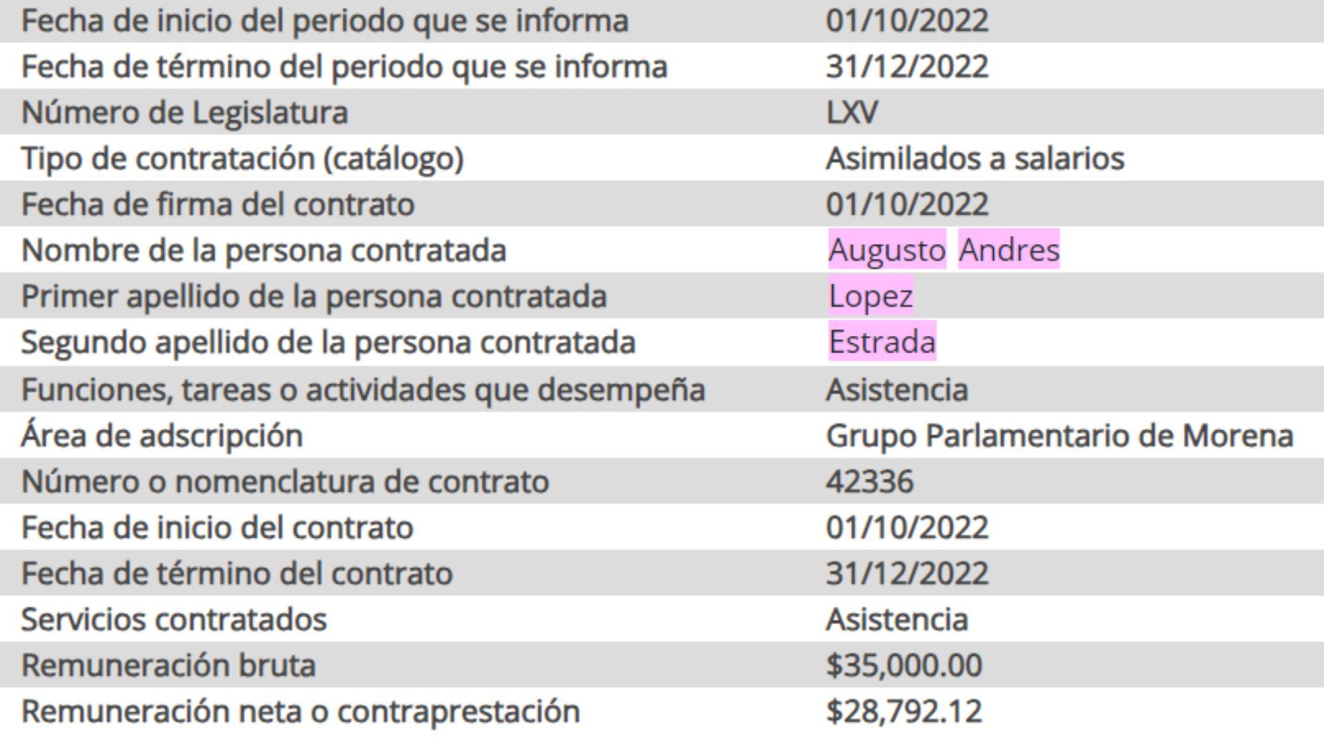Detalles del primer contrato que recibió el hijo de Adán Augusto López Hernández. (Plataforma Nacional de Transparencia)