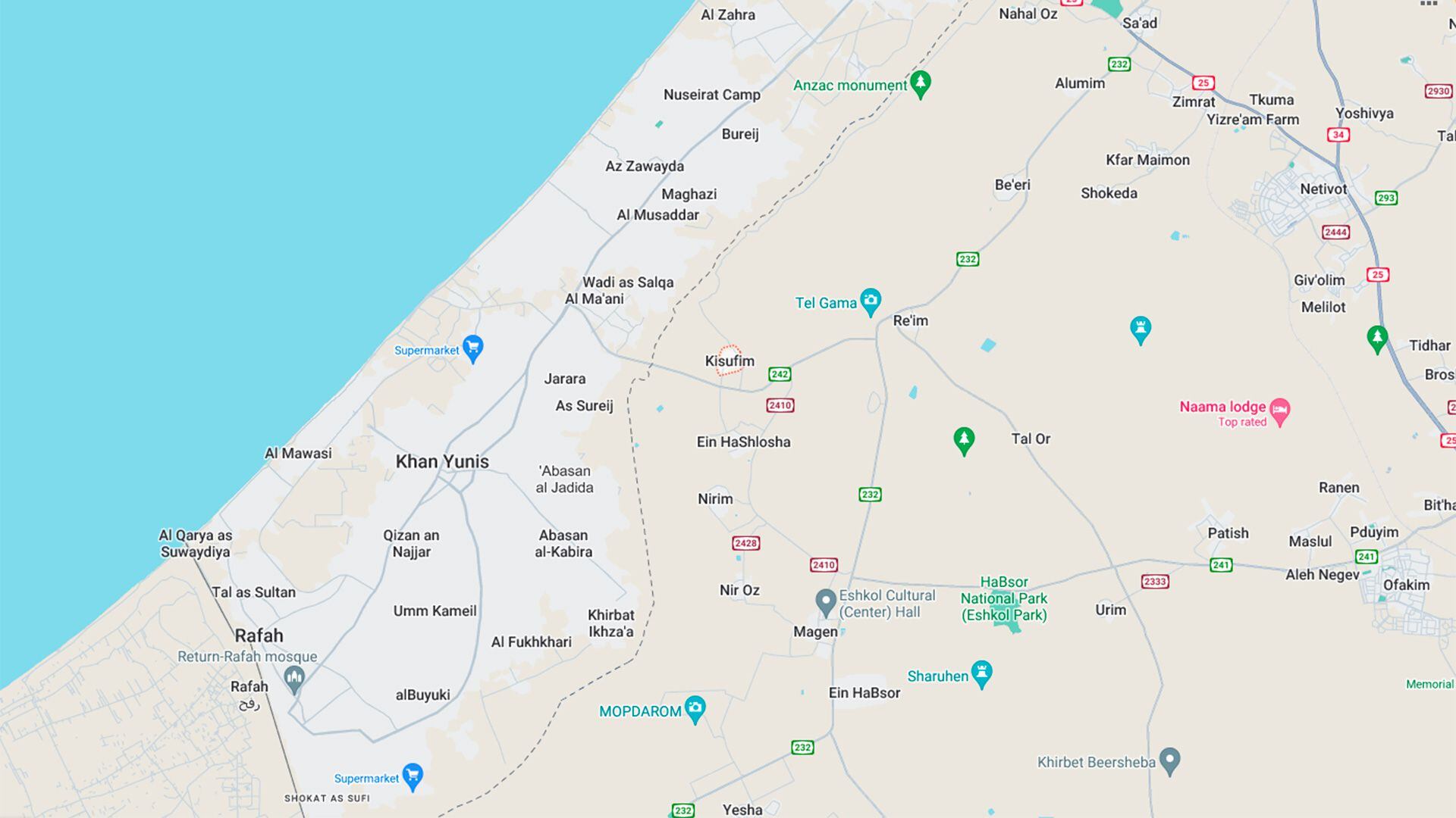 Ubicación del Kibutz Kisufim en el sur de Israel, a 3 kilómetros de Gaza