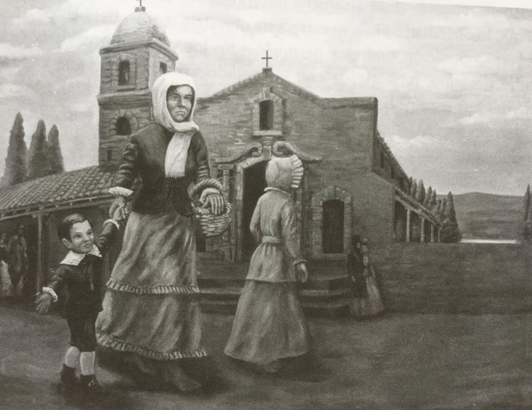 Cuando donde se ve a Rosa Guarú y a San Martín niño. Es un óleo mural de Rubén Vispo, que está en el Museo Sanmartiniano de Corrientes