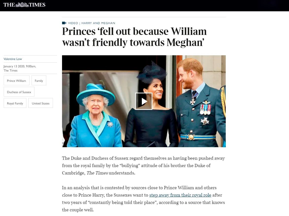 La nota "Los príncipes ‘se pelearon porque William no era amigable con Meghan’," publicada este lunes por The Sunday Times, dice que William le hacia bullying a Meghan. 