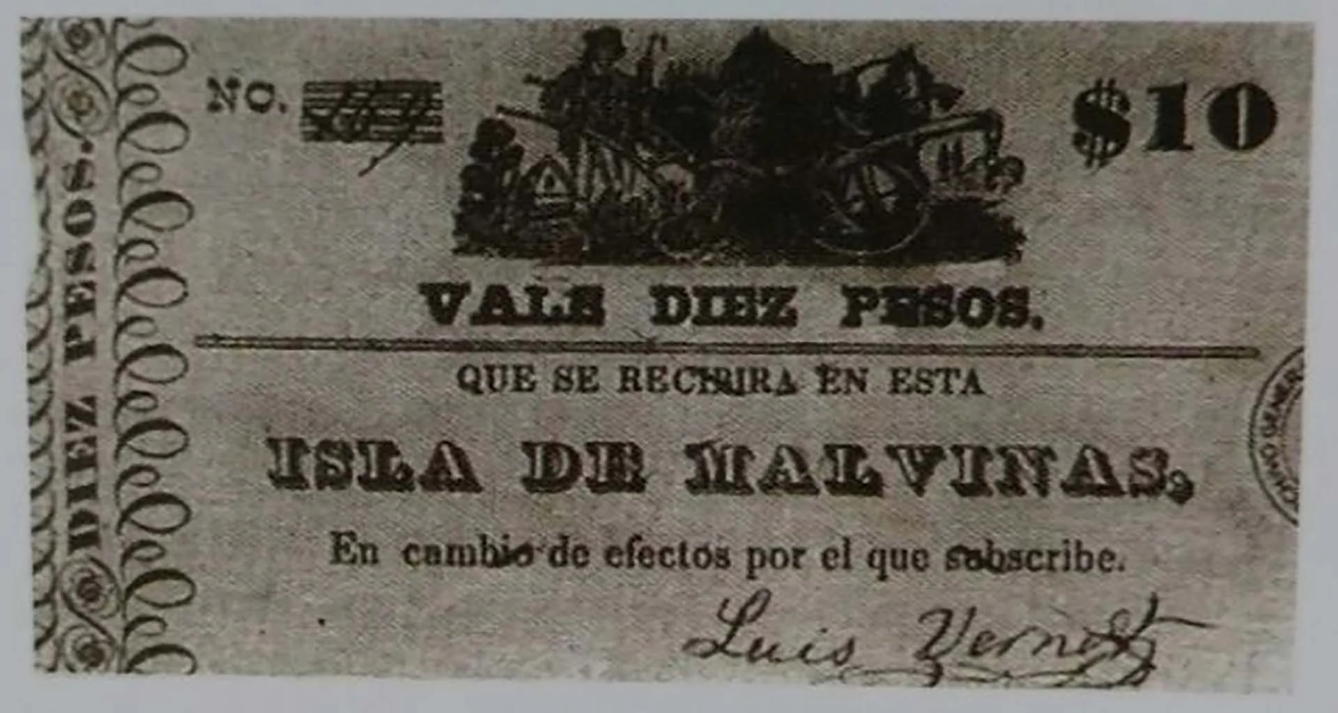 Billete de 10 pesos de curso legal en las islas. Gobernación de Luis Vernet