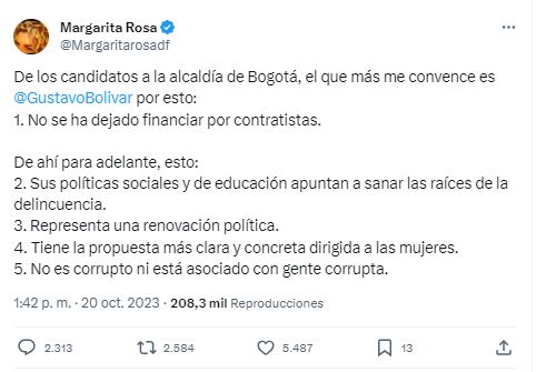 Margarita Rosa de Francisco reveló por quién va a votar en las elecciones del próximo domingo 29 de octubre  - crédito @Margaritarosadf